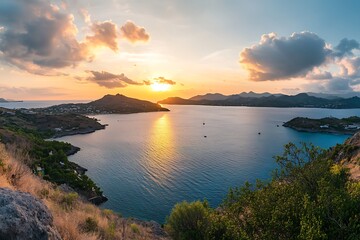 Golden sunset paints a breathtaking coastal panorama, tranquil waters reflecting the fiery sky, a serene island escape at day's end.