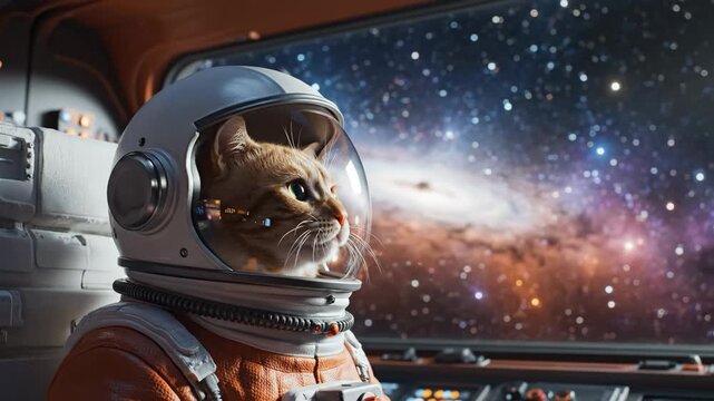 Adorable Cat Astronaut Exploring the Vastness of Outer Space in A Spaceship