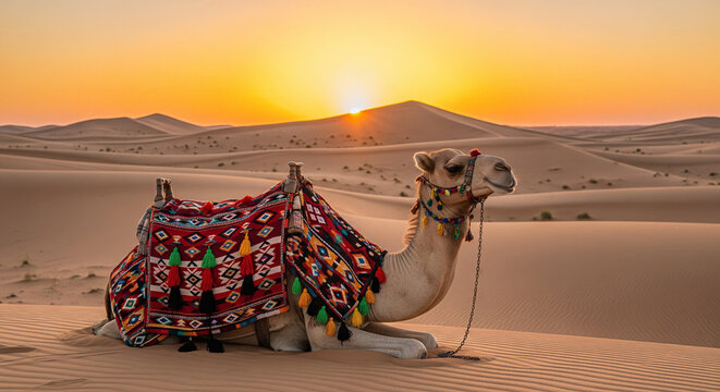 Majestic Decorated Camel Awaits Tourists in Thar Desert, Jaisalmer, Rajasthan, India