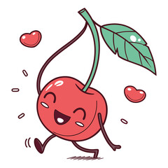 Cute Happy Red Cherry Cartoon Character Running with Leaf and Hearts Sparkles Illustration