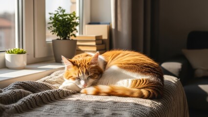 Orange Tabby Cat Sleeping on Sofa.