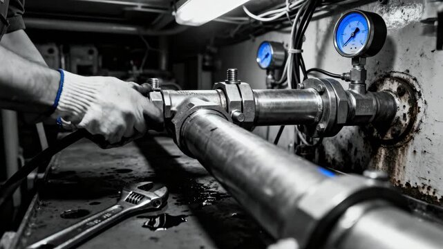 Closeup of hands fitting fire suppression pipes in marine engine compartment highlighting secure connections for emergency scenarios.