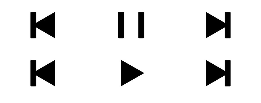 Set of black media playback control icons including play pause and skip