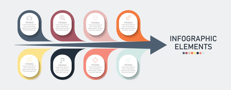 Concept of arrow business model with 8 successive steps. Six colorful graphic elements. Infographic design layout. Modern Infographic Vector Template.
