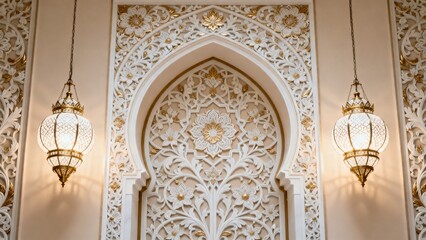 Elegant Islamic architectural design with intricate gold and white arch and symmetrical hanging lanterns showcasing traditional craftsmanship