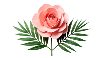 A digitally rendered pink rose with green palm leaves against a solid black backdrop