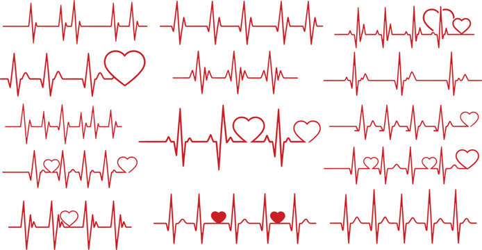 A collection of red ecg heartbeat rhythm lines for medical health care and wellness designs