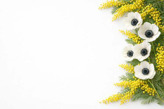 Mimosa e anemoni bianchi su sfondo chiaro. Generative AI