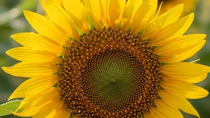 Naklejka premium Close up of a bright yellow sunflower with intricate seed patterns and delicate petals nature bloom