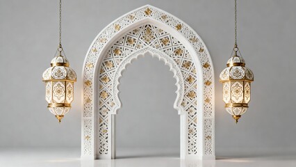 Elegant Islamic architectural design with intricate gold and white arch and symmetrical hanging lanterns showcasing traditional craftsmanship