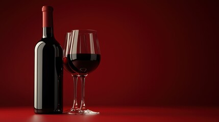 Elegant Red Wine Bottle and Glass on a Dark Red Background for Sophisticated Beverage Themes
