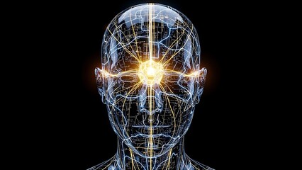 Silhouette of human head with glowing neural network patterns visible inside, digital brain representation, blue and purple neon lights, dark background, symbolic AI visualization