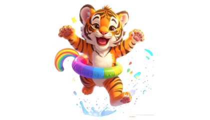 Animated tiger cub jumps with joy, using a rainbow inflatable ring in water
