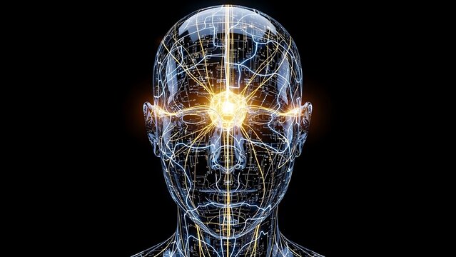 Silhouette of human head with glowing neural network patterns visible inside, digital brain representation, blue and purple neon lights, dark background, symbolic AI visualization - Powered by Adobe