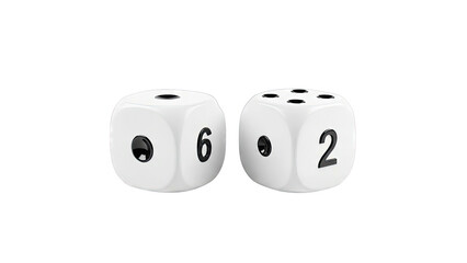 Dice Showing 6 and 2 on White Background
