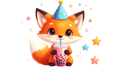 Adorable cartoon fox with a party hat drinking a bubble tea surrounded by stars