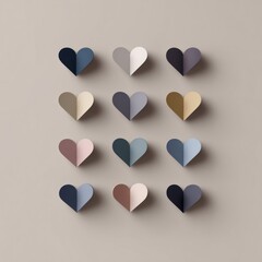 Symmetrical grid of folded hearts in muted earth tones on a minimalist neutral background