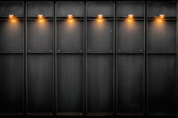 Industrial black metal panels with symmetrical orange spotlights on textured exhibition wall background