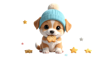 Cartoon puppy with a winter hat, biscuit, and stars on a transparent background