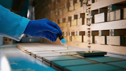 Medium shot of a researcher applying resin mixtures onto wall panel samples to enhance sound absorption performance.