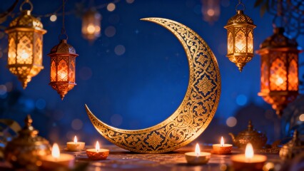 Festive digital artwork featuring intricate gold crescent and warm lantern lights creating serene Ramadan evening atmosphere