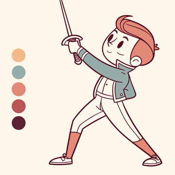 Cartoon child fencer with sword in action pose