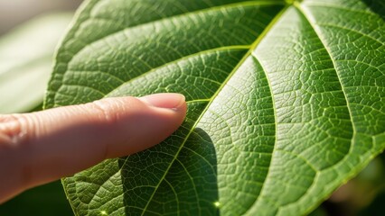 Macro of human finger touching vibrant green leaf veins, representing nature connection and botanical biology. Scientific name: Plantae. Concept of ecology, growth, and photosynthesis.