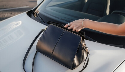 Kobieta szukająca kluczyków w torebce.