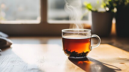 Steaming Cup of Hot Tea on a Wooden Table with Cozy Morning Light and Green Plants in Background