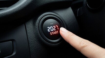 A close up view showcases a finger poised to activate a modern car s push button start ignition system illuminated in red