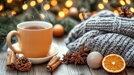 Cozy Holiday Scene with Warm Tea, Cinnamon Sticks, Cozy Sweater, and Orange Slice on Rustic Wooden Table