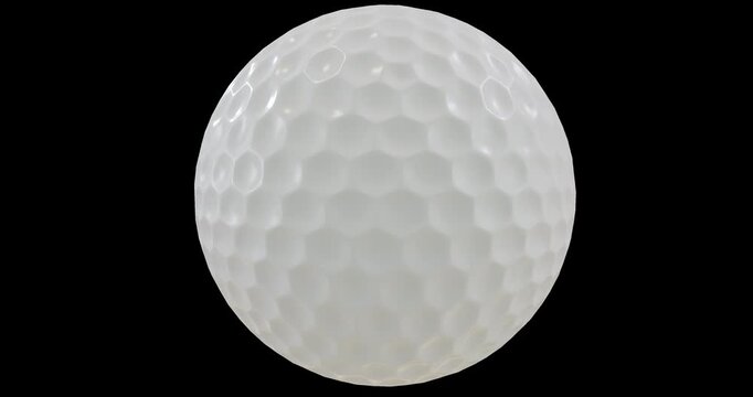 Seamless looping American golf ball with hexagonal dimples isolated vertical axis rotation footage with alpha channel (Prores, 4K).  Studio light. 3D FX animation.

