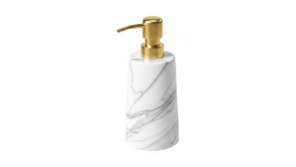Marble soap dispenser with gold pump on transparent background