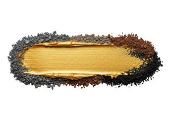 Ultra-realistic macro shot of an isolated, thick, horizontal brushstroke of shimmering, granular metallic gold texture, bordered by gritty charcoal and brown pigments, isolated on transparent