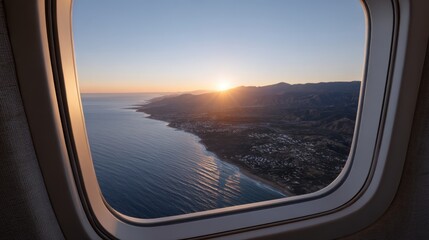 Fototapeta premium Beautiful Sunset View Through Airplane Window Over Coastal Landscape at Dusk