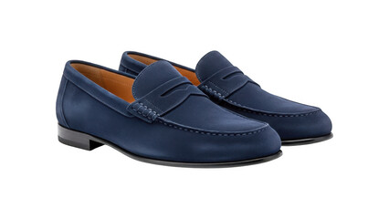 A pair of dark blue suede loafers with tassel detailing on transparent background