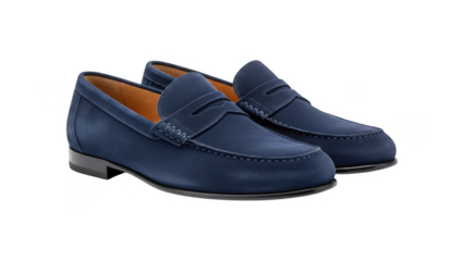 A pair of dark blue suede loafers with tassel detailing on transparent background
