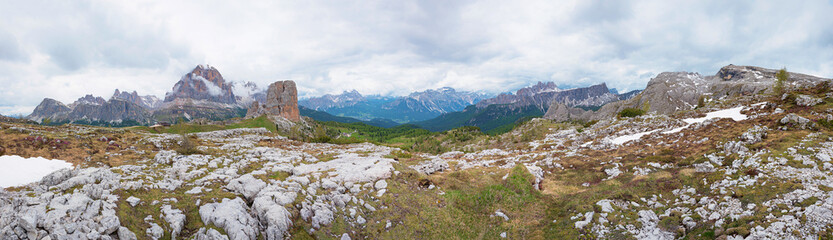 Rocky high plateau in the Ampezzo Dolomites. Hiking region Cortina, Cinque Torri mountains.