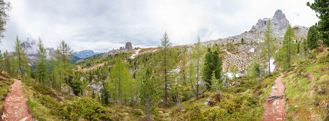 beautiful hiking route from Passo Falzarego to Nuvolao and Cinque Torri mountains, dolomites