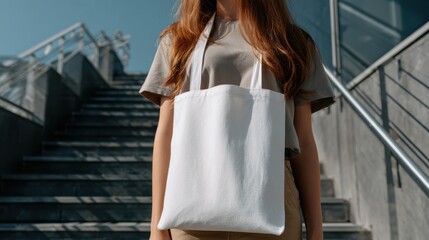 Young woman with long hair holding tote bag for mockup design. The woman is on stairs, wearing a casual outfit holding white cloth bag. The tote bag is white for mockup, and the woman appears relaxed.