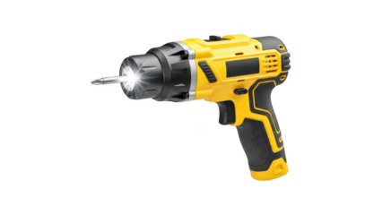 Yellow and black cordless drill with a silver drill bit attached isolated on transparent background