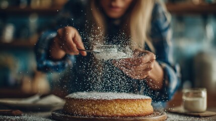 Woman with sieve sprinkling sugar powder on sponge cake in kitchen