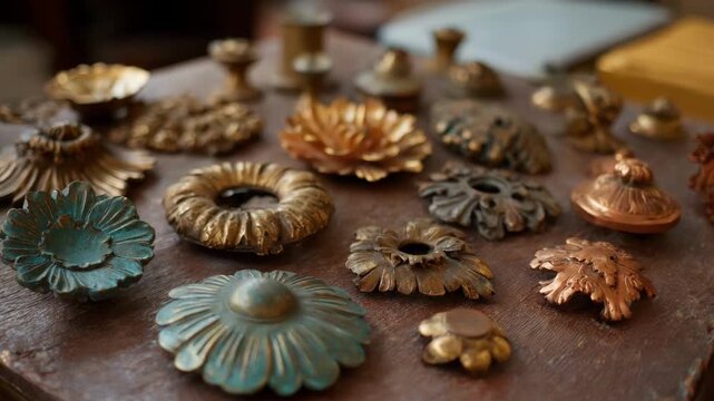 Closeup of antique metallic ornamentals with intricate stamped patterns showcasing vintage elegance and rustic charm for decorative purposes.