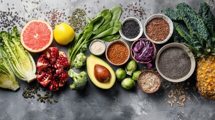 Various fresh healthy products on grey table, top view. Healthy food clean eating selection: fruit, vegetable, seeds, superfood, cereals, leaf vegetable on gray concrete background