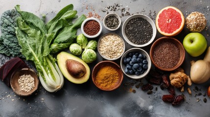 Various fresh healthy products on grey table, top view. Healthy food clean eating selection: fruit, vegetable, seeds, superfood, cereals, leaf vegetable on gray concrete background