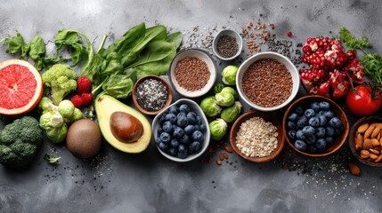 Various fresh healthy products on grey table, top view. Healthy food clean eating selection: fruit, vegetable, seeds, superfood, cereals, leaf vegetable on gray concrete background