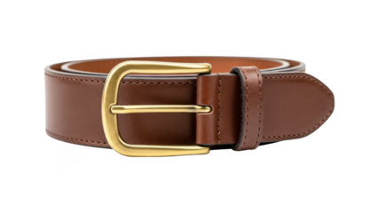 Brown leather belt with gold buckle isolated on transparent background