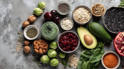 Various fresh healthy products on grey table, top view. Healthy food clean eating selection: fruit, vegetable, seeds, superfood, cereals, leaf vegetable on gray concrete background