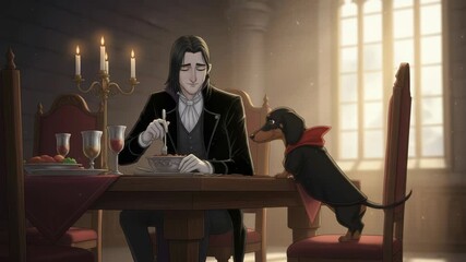 Victorian gentleman dines with attentive dog in candlelit room series