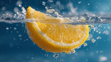 Splash of sliced lemon with water drops over blue background